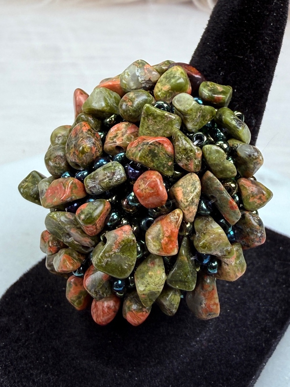 Unakite Chip Cluster Stretch Green & Pink Stretch Ring sz 7.5